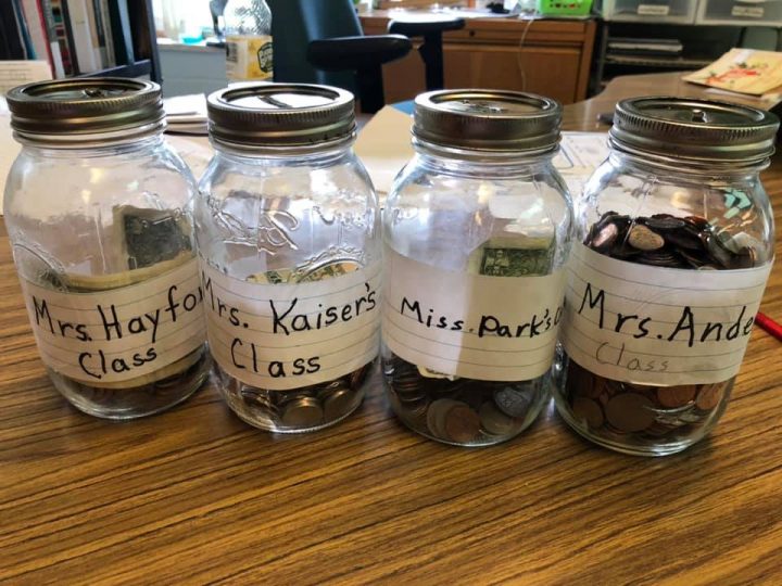Daily collection jars for our penny war fundraiser.