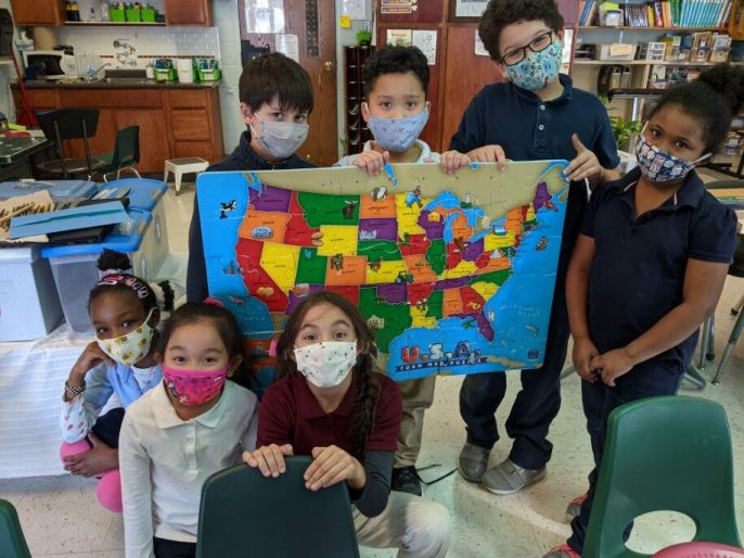 Students study US geography.